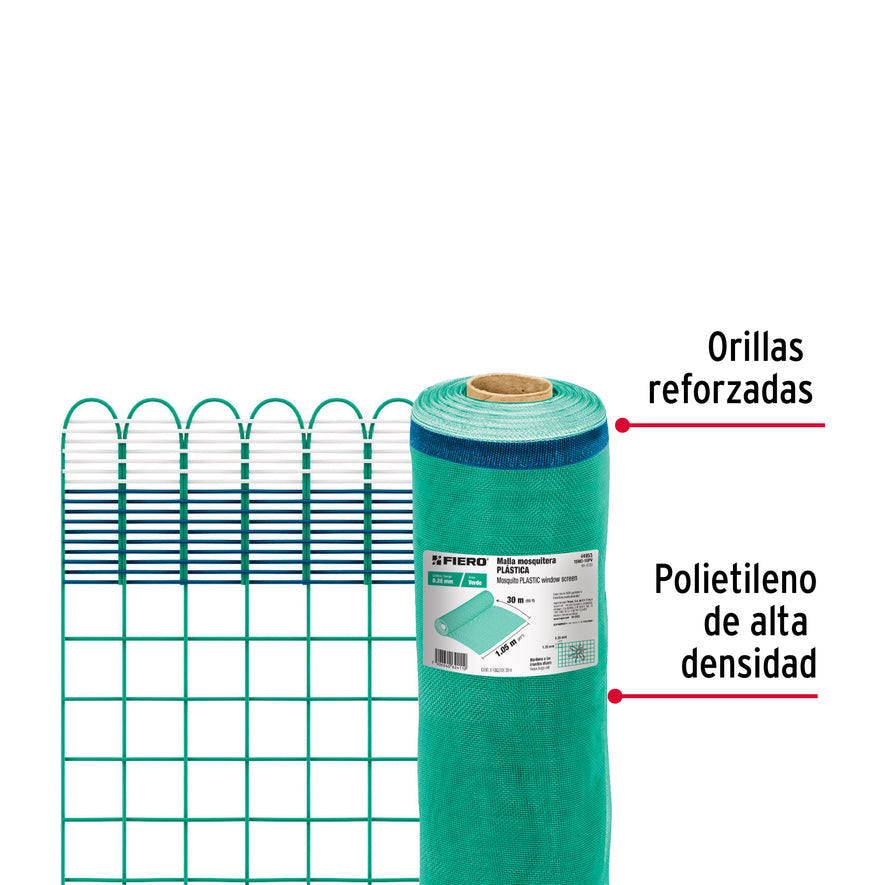 Rollo de 30 m x 1.05 m de malla mosquitera plástica verde, 44953