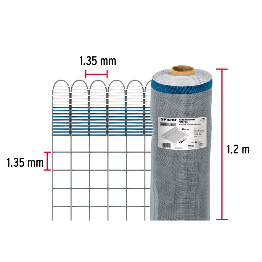 Rollo de 30 m x 1.2 m de malla mosquitera plástica gris, 44961