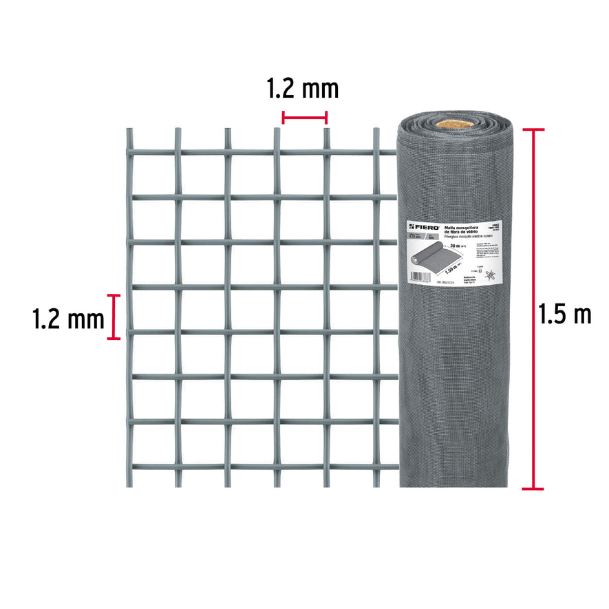Rollo de 30 m x 1.5 m malla mosquitera fibra de vidrio gris, 44983