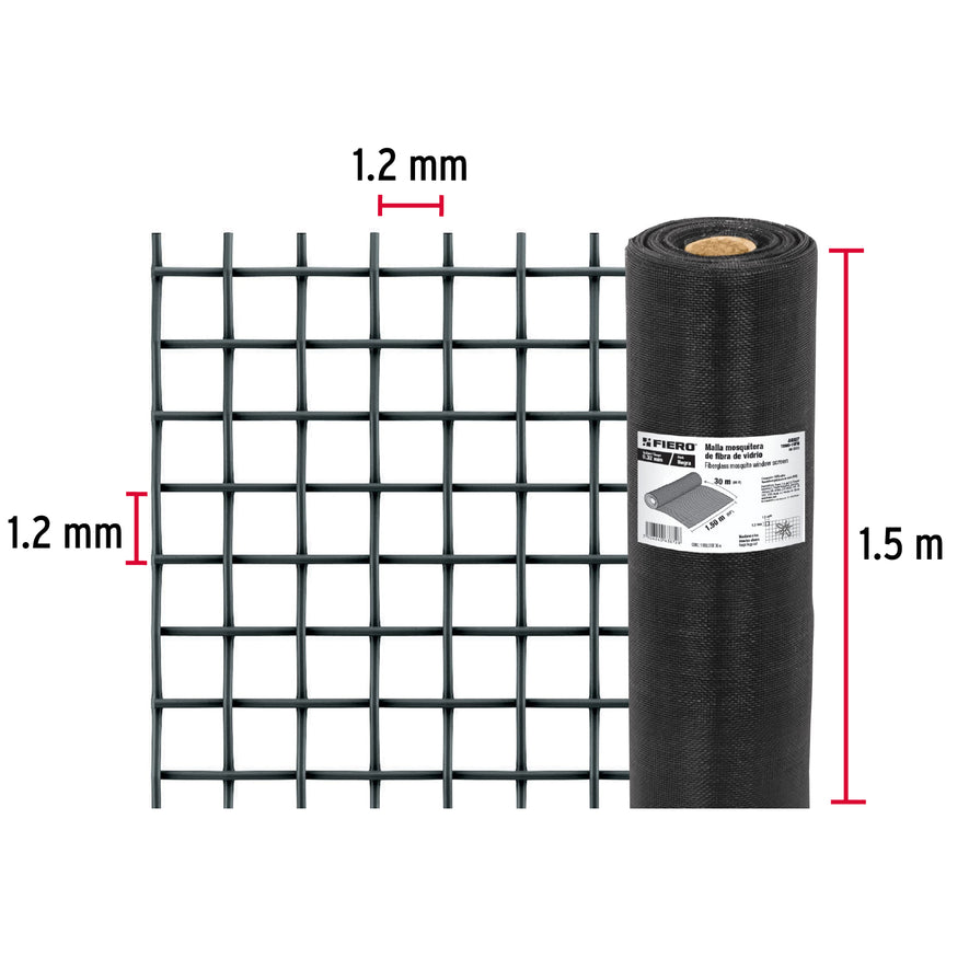 Rollo de 30 m x 1.5 m malla mosquitera fibra de vidrio negra, 44997