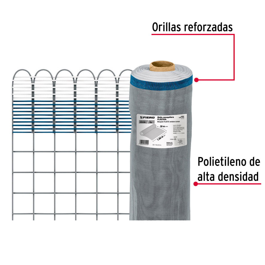 Rollo de 30 m x 1.5 m de malla mosquitera plástica gris, 44962