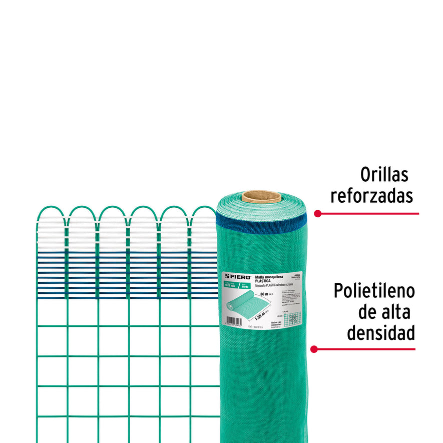 Rollo de 30 m x 1.5 m de malla mosquitera plástica verde, 44955