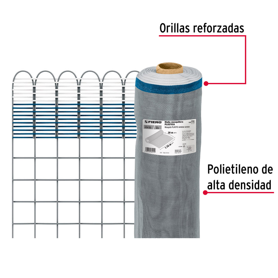 Rollo de 30 m x 1.7 m de malla mosquitera plástica gris, 44963
