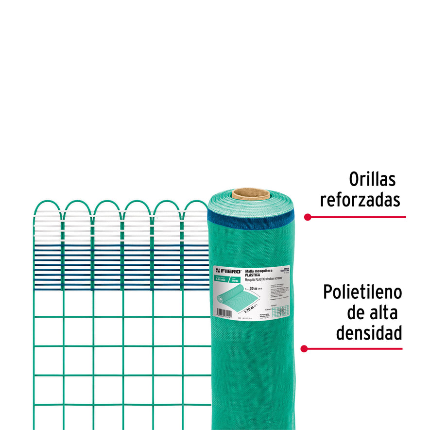Rollo de 30 m x 1.7 m de malla mosquitera plástica verde, 44956