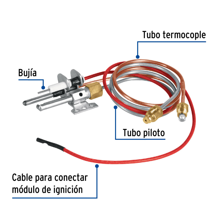 Termopar tipo flauta con bujía, 60 cm, Foset Caja con 10, 46149