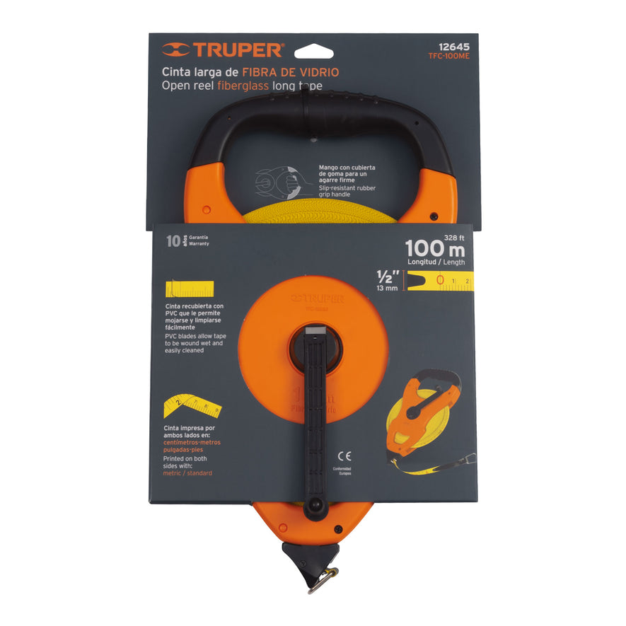 Cinta métrica larga 100m fibra de vidrio, tipo cruceta, 12645