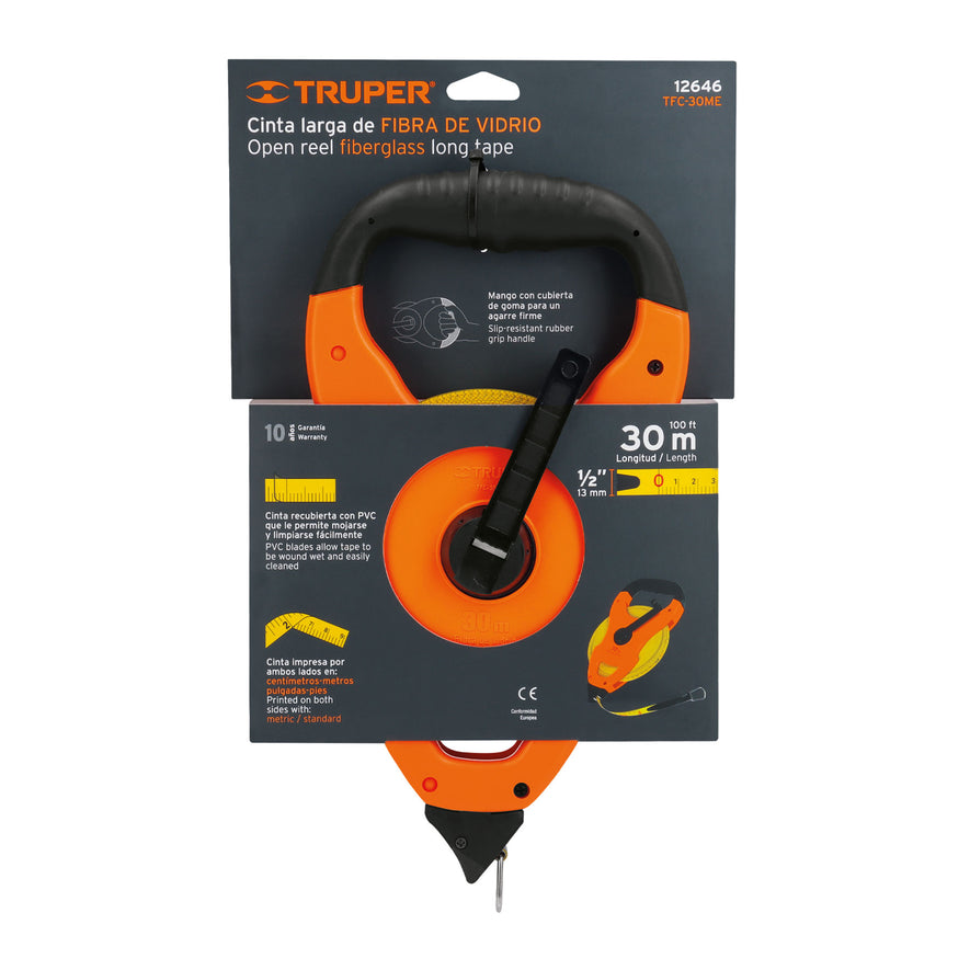 Cinta métrica larga 30m fibra de vidrio, tipo cruceta Caja con 2, 12646