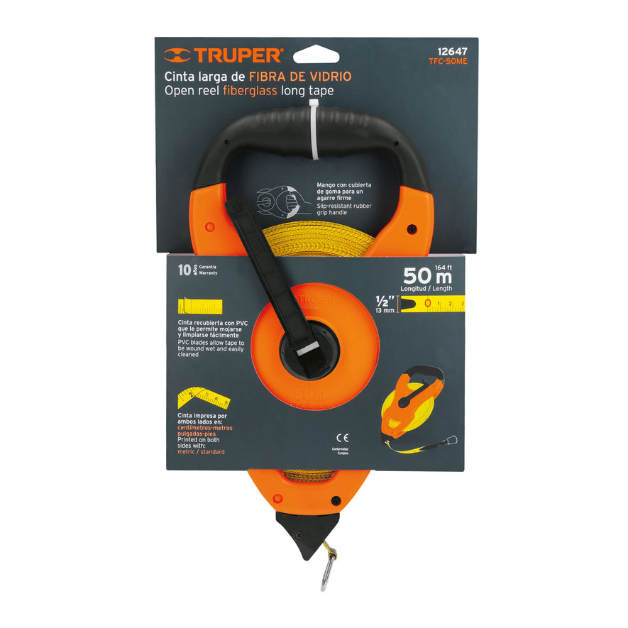 Cinta métrica larga 50m fibra de vidrio, tipo cruceta Caja con 2, 12647