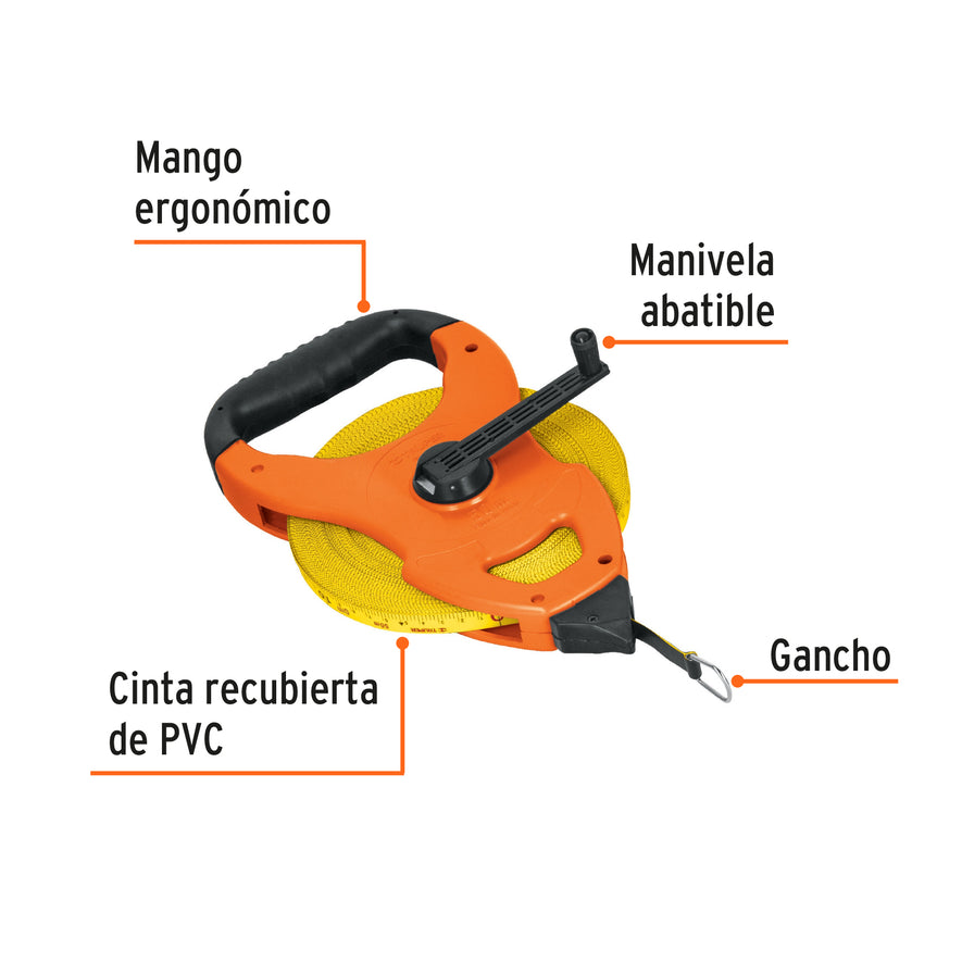 Cinta métrica larga 50m fibra de vidrio, tipo cruceta Caja con 2, 12647