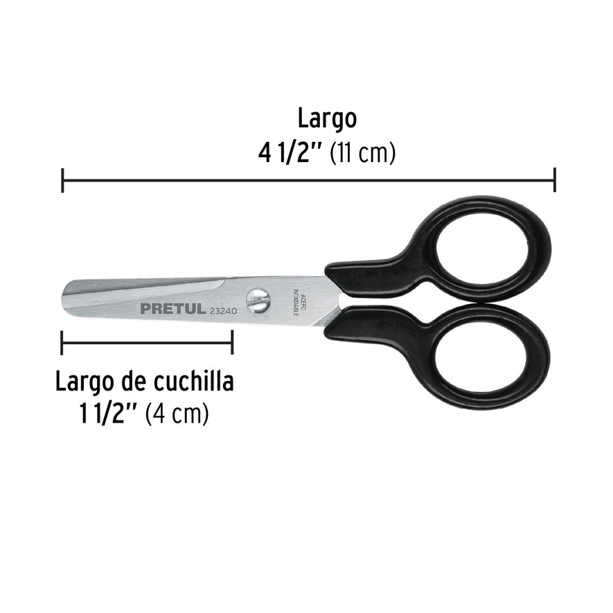 Tijera 4-1/2' de acero inoxidable punta roma escolar, PRETUL Caja con 12, 23240