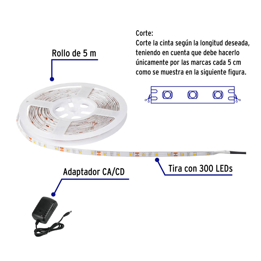 Tira de LED de 5 m 18 W para interior y exterior luz de día, 46368