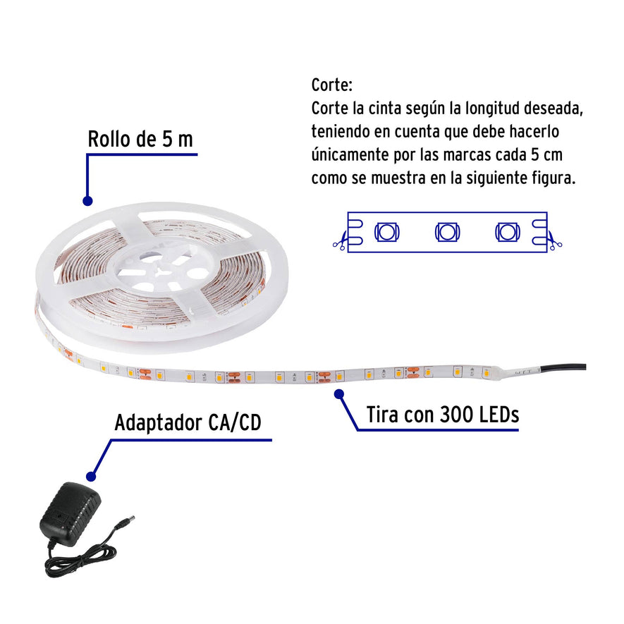 Tira de LED de 5 m 18 W para interior y exterior luz cálida, 46369