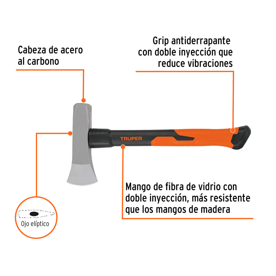 Hacha para rajar madera 3 lb, mango fibra de vidrio 16' Caja con 4, 19796