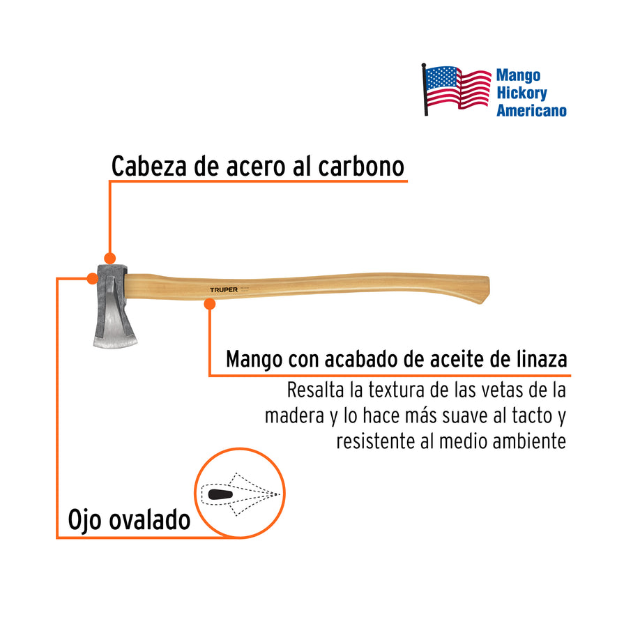 Hacha para rajar madera 2-1/4 lb, mango hickory 28', Truper Caja con 2, 102207
