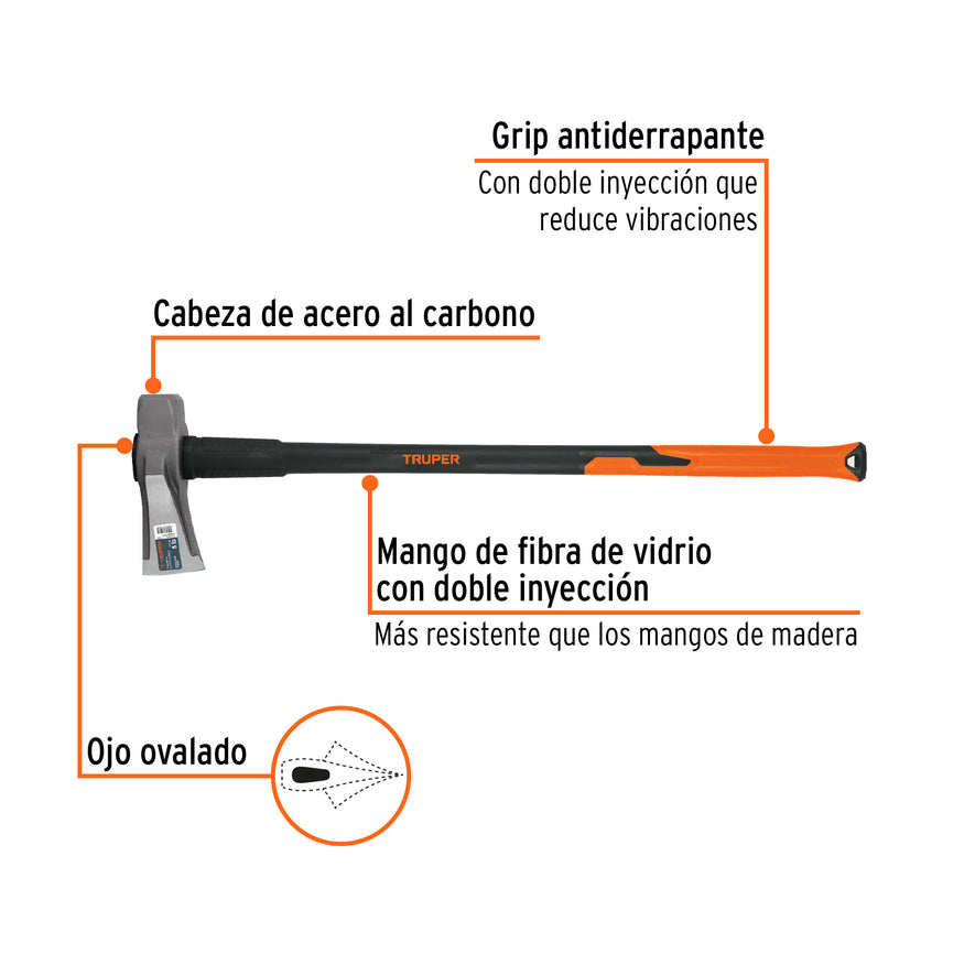 Hacha para rajar madera 8 lbs, mango fibra de vidrio 36', 11137