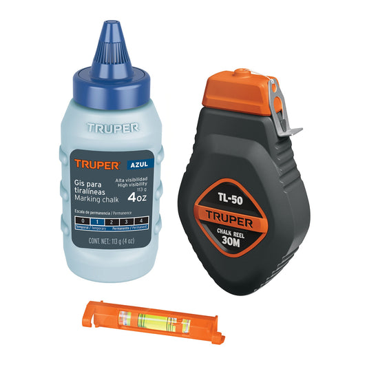 Tiralíneas plástico con gis y nivel 30 m (100 ft), Truper Caja con 6, 18574