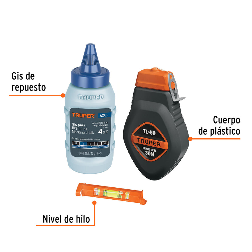 Tiralíneas plástico con gis y nivel 30 m (100 ft), Truper Caja con 6, 18574