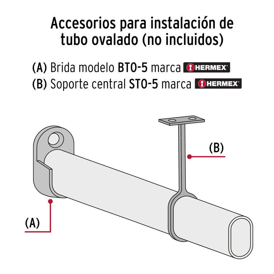 Tubo ovalado para clóset, 2.4 m, acero cromado, Hermex Caja con 10, 45897