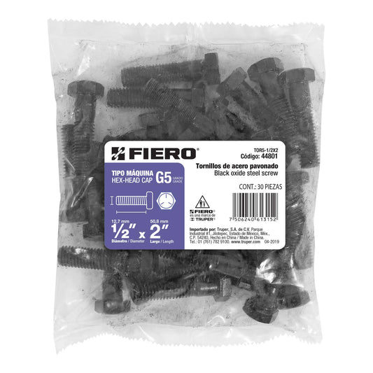 Bolsa con 30 tornillos 1/2' x 2' acero grado 5, FIERO Caja con 3, 44801