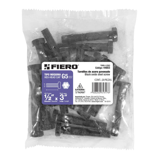 Bolsa con 20 tornillos 1/2' x 3' acero grado 5, FIERO Caja con 3, 44803