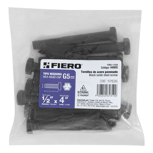 Bolsa con 15 tornillos 1/2' x 4' acero grado 5, FIERO Caja con 3, 44805
