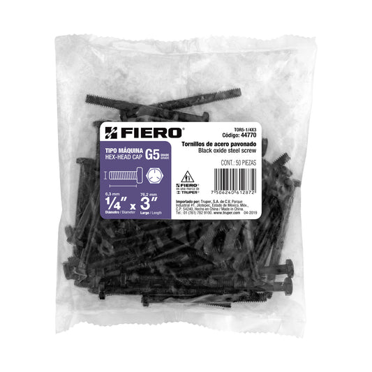 Bolsa con 50 tornillos 1/4' x 3' acero grado 5, FIERO Caja con 6, 44770