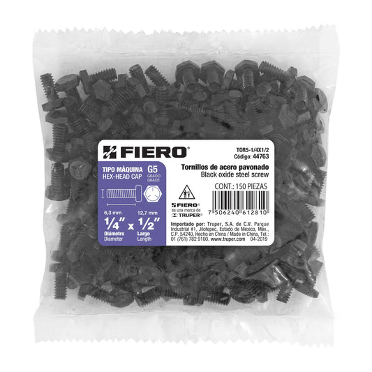 Bolsa con 150 tornillos 1/4' x 1/2' acero grado 5, FIERO Caja con 6, 44763