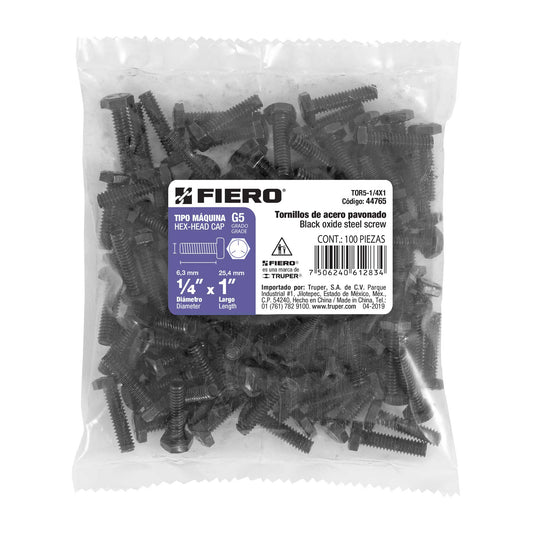 Bolsa con 100 tornillos 1/4' x 1' acero grado 5, FIERO Caja con 6, 44765