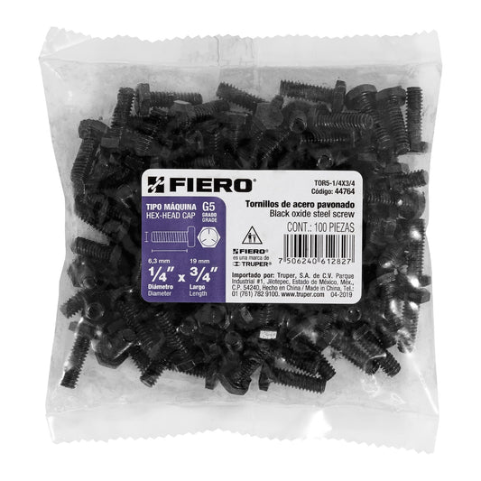 Bolsa con 100 tornillos 1/4' x 3/4' acero grado 5, FIERO Caja con 6, 44764
