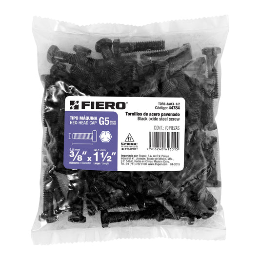 Bolsa con 70 tornillos 3/8' x 1-1/2' acero grado 5, FIERO Caja con 3, 44784