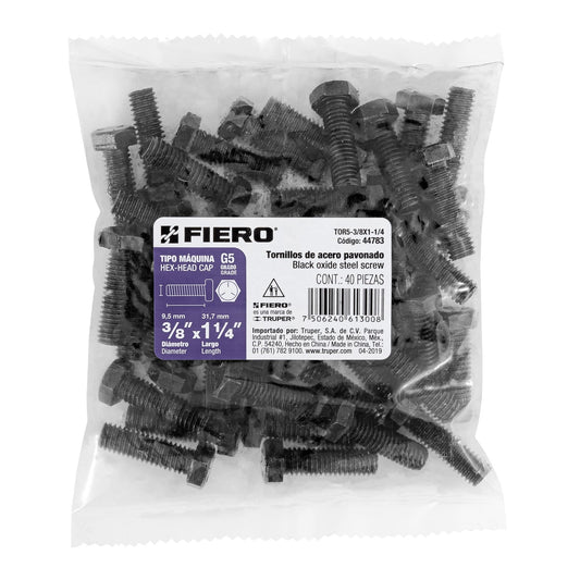 Bolsa con 40 tornillos 3/8' x 1-1/4' acero grado 5, FIERO Caja con 6, 44783