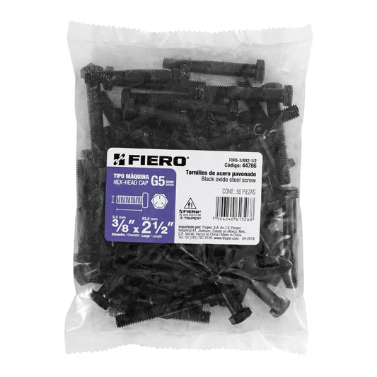 Bolsa con 50 tornillos 3/8' x 2-1/2' acero grado 5, FIERO Caja con 3, 44786