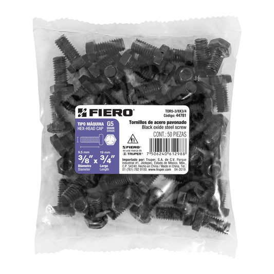 Bolsa con 50 tornillos 3/8' x 3/4' acero grado 5, FIERO Caja con 6, 44781