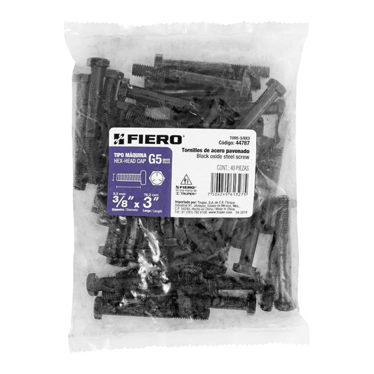 Bolsa con 40 tornillos 3/8' x 3' acero grado 5, FIERO Caja con 3, 44787