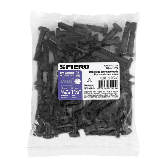 Bolsa con 50 tornillos 5/16' x 1-1/2' acero grado 5, FIERO Caja con 6, 44775