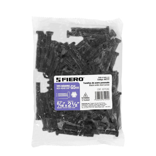 Bolsa con 60 tornillos 5/16' x 2-1/2' acero grado 5, FIERO Caja con 3, 44777