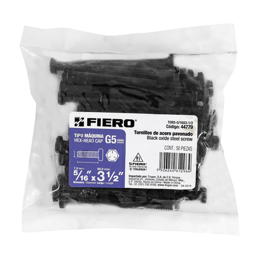 Bolsa con 50 tornillos 5/16' x 3-1/2' acero grado 5, FIERO Caja con 3, 44779