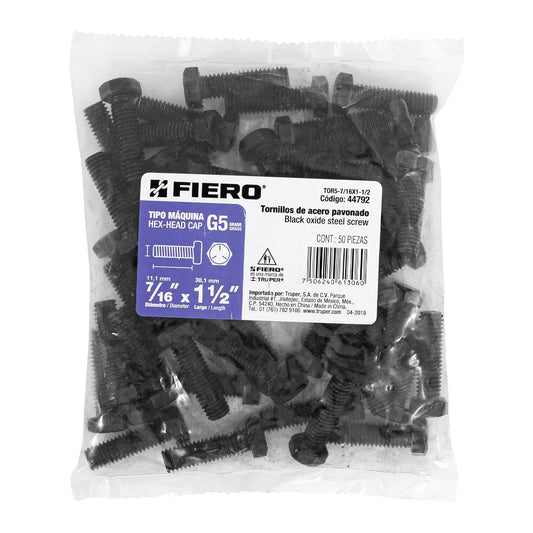 Bolsa con 50 tornillos 7/16' x 1-1/2' acero grado 5, FIERO Caja con 3, 44792