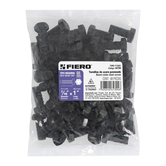 Bolsa con 60 tornillos 7/16' x 1' acero grado 5, FIERO Caja con 3, 44790
