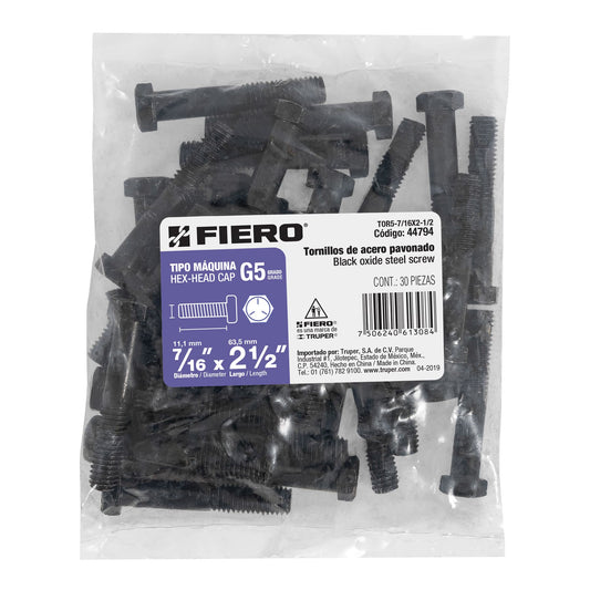 Bolsa con 30 tornillos 7/16' x 2-1/2' acero grado 5, FIERO Caja con 3, 44794