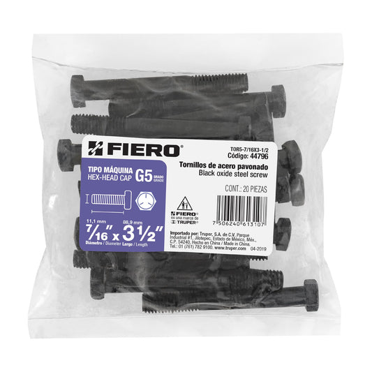 Bolsa con 20 tornillos 7/16' x 3-1/2' acero grado 5, FIERO Caja con 3, 44796