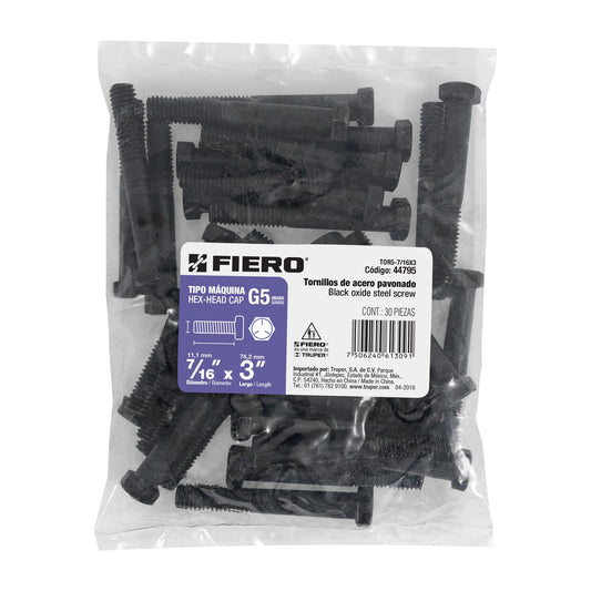 Bolsa con 30 tornillos 7/16' x 3' acero grado 5, FIERO Caja con 3, 44795