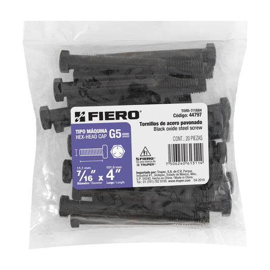 Bolsa con 20 tornillos 7/16' x 4' acero grado 5, FIERO Caja con 3, 44797