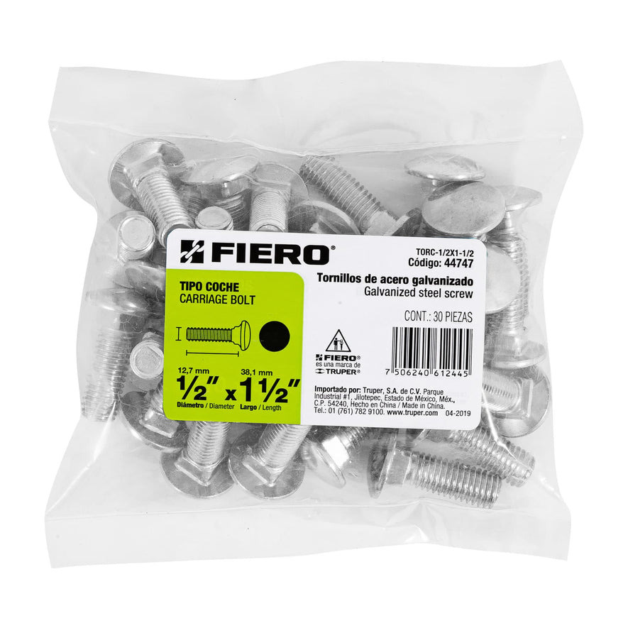 Bolsa con 30 tornillos 1/2' x 1-1/2' tipo coche, Fiero Caja con 3, 44747