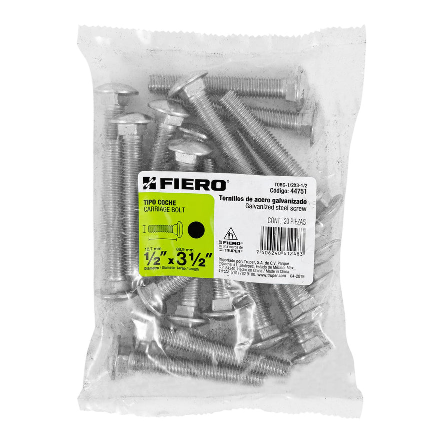 Bolsa con 20 tornillos 1/2' x 3-1/2' tipo coche, Fiero Caja con 3, 44751