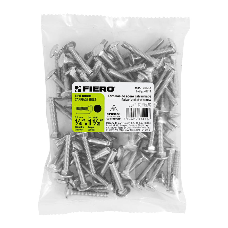Bolsa con 80 tornillos 1/4' x 1-1/2' tipo coche, Fiero Caja con 6, 44714