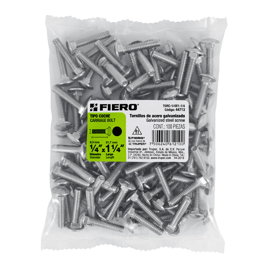 Bolsa con 100 tornillos 1/4' x 1-1/4' tipo coche, Fiero Caja con 6, 44713
