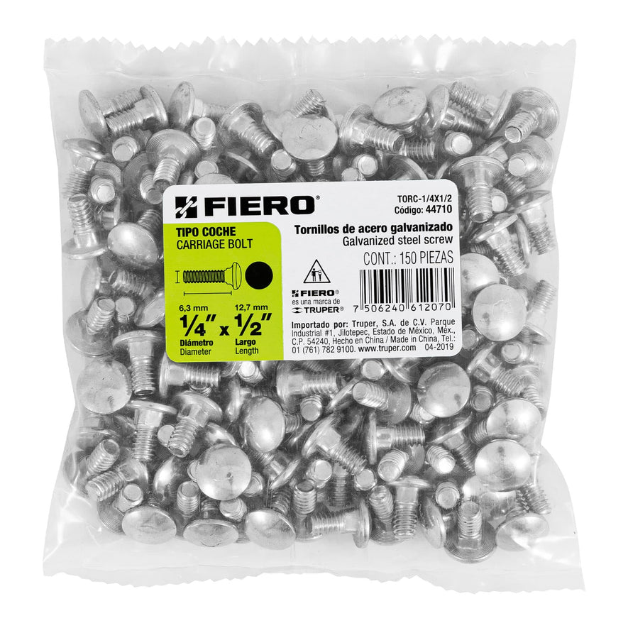 Bolsa con 150 tornillos 1/4' x 1/2' tipo coche, Fiero Caja con 6, 44710