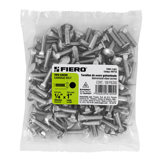 Bolsa con 100 tornillos 1/4' x 1' tipo coche, Fiero Caja con 6, 44712