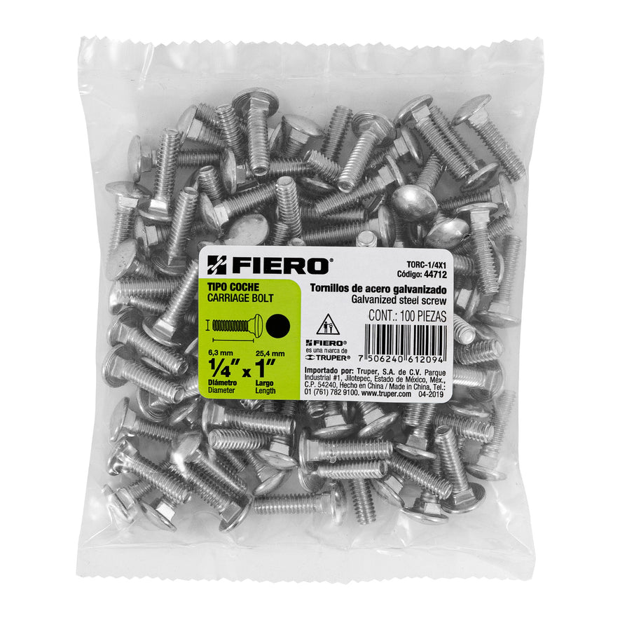 Bolsa con 100 tornillos 1/4' x 1' tipo coche, Fiero Caja con 6, 44712